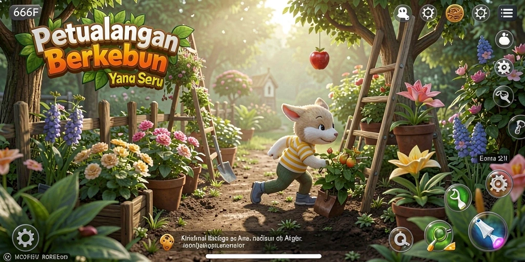 Screenshot gameplay 666F menampilkan aktivitas berkebun yang seru.