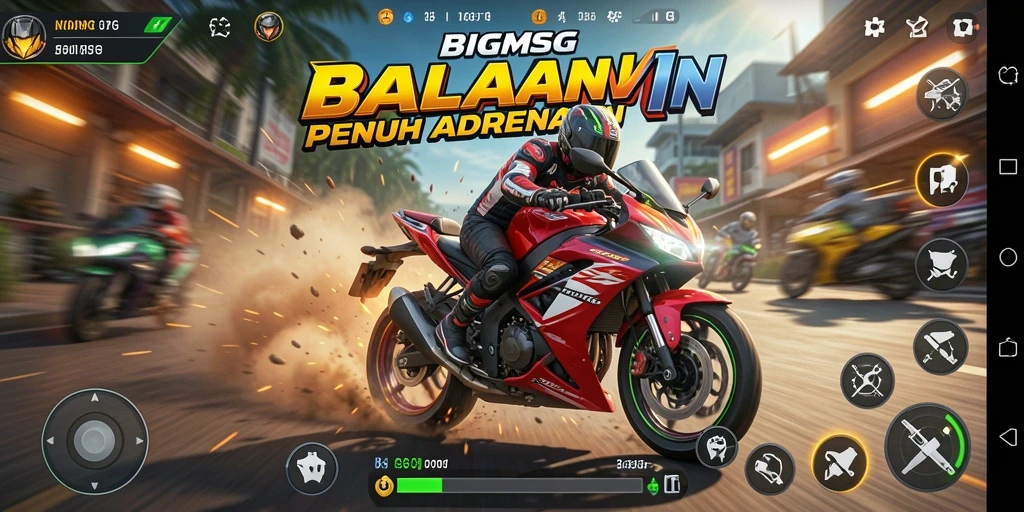 Screenshot menunjukkan aksi balapan motor yang seru dalam BIGMSG.