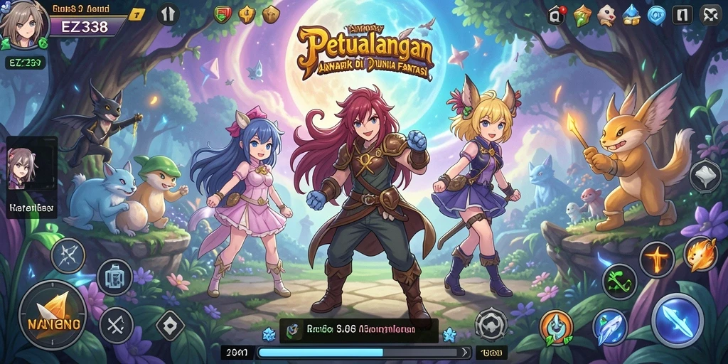 Screenshot utama EZ338 menampilkan gameplay bertema Anime yang memukau.