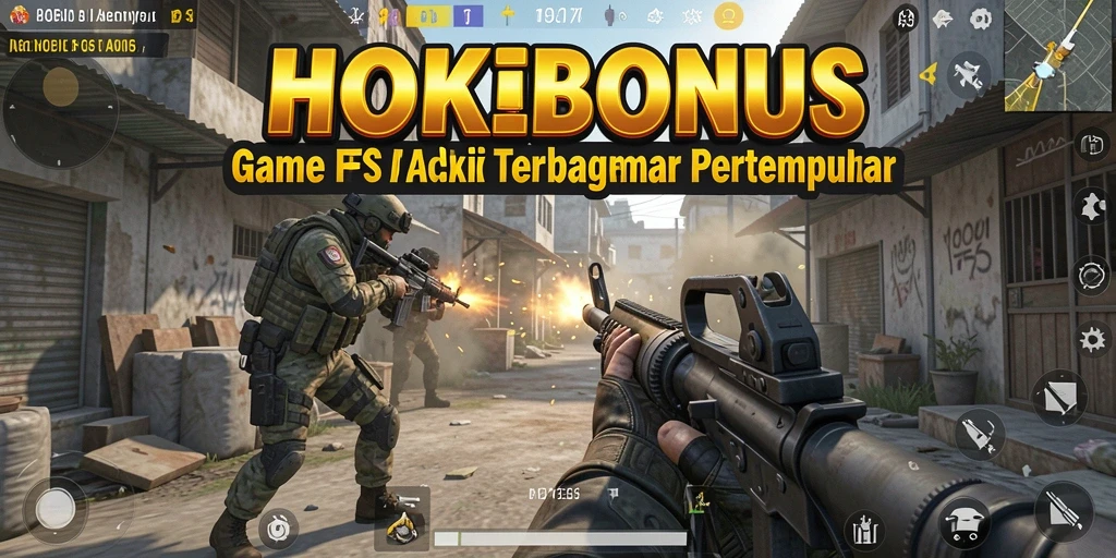 Tangkapan layar utama HOKIBONUS menampilkan aksi pertempuran FPS yang intens.