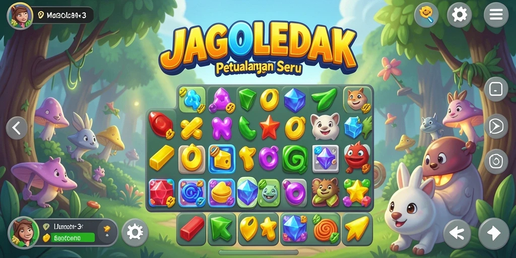 Tampilan permainan JAGOLEDAK dengan grafis Match-3 yang menarik.