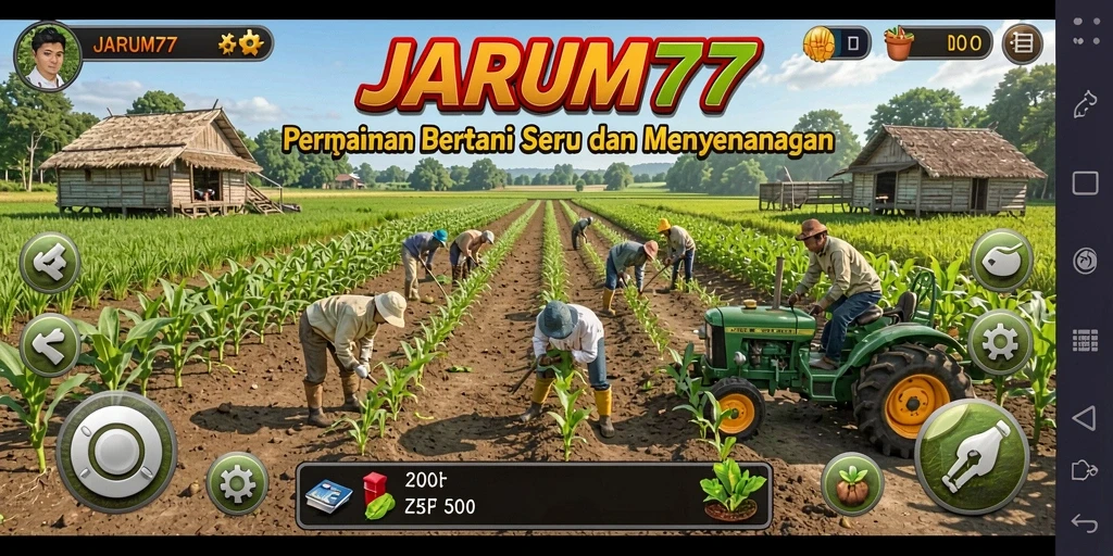 Tampilan gameplay JARUM77 yang menampilkan ladang hijau dan aktivitas bertani.