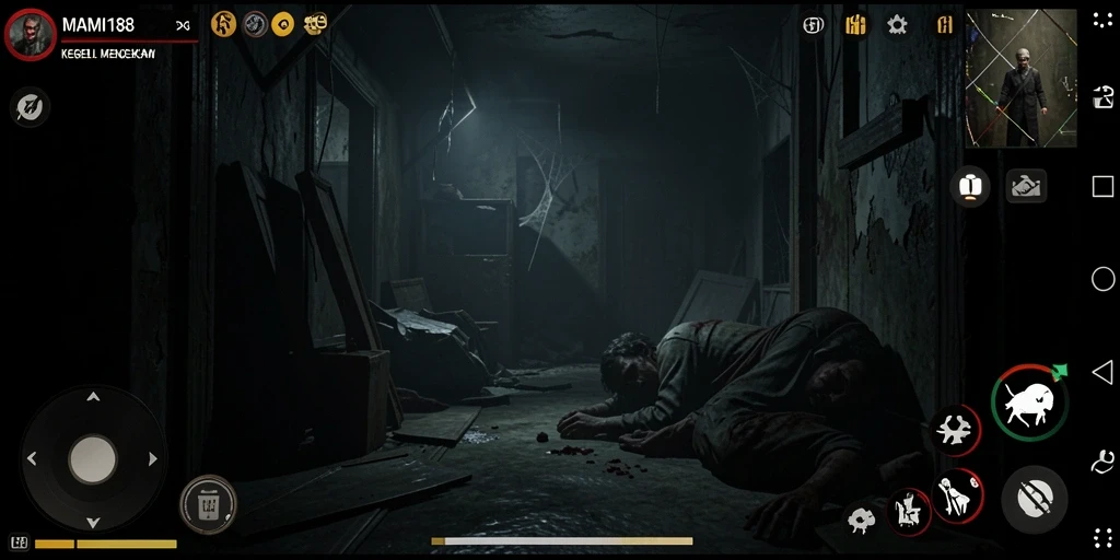 Screenshot gameplay yang mencekam dari MAMI188, menunjukkan suasana Horror yang intens.