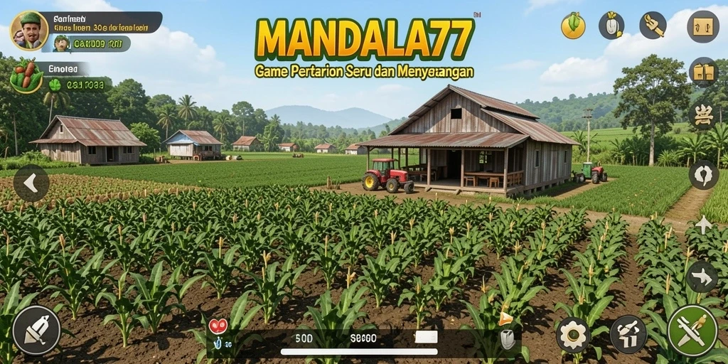Tampilan gameplay MANDALA77 dengan kebun dan hewan ternak yang ceria.