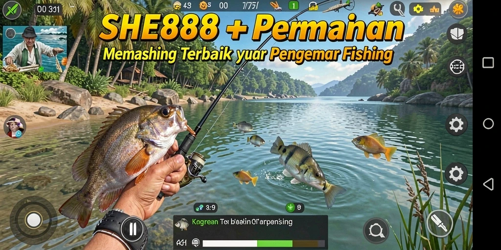 Tampak layar gameplay SHE888 dengan aksi memancing yang mendebarkan.