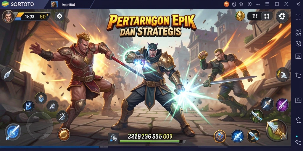 Tangkapan layar gameplay SORTOTO menampilkan pertarungan seru antar karakter.