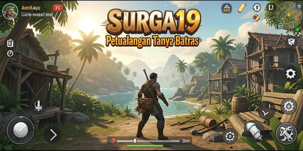 Screenshot menampilkan gameplay SURGA19 dengan karakter menjelajahi dunia terbuka.