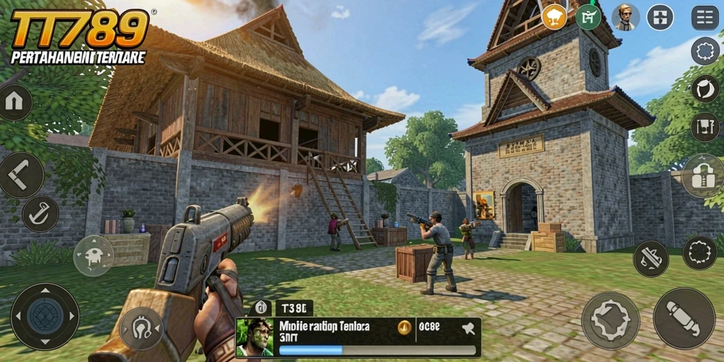 Screenshot gameplay TT789 menampilkan serangan menara Tower Defense yang dramatis.