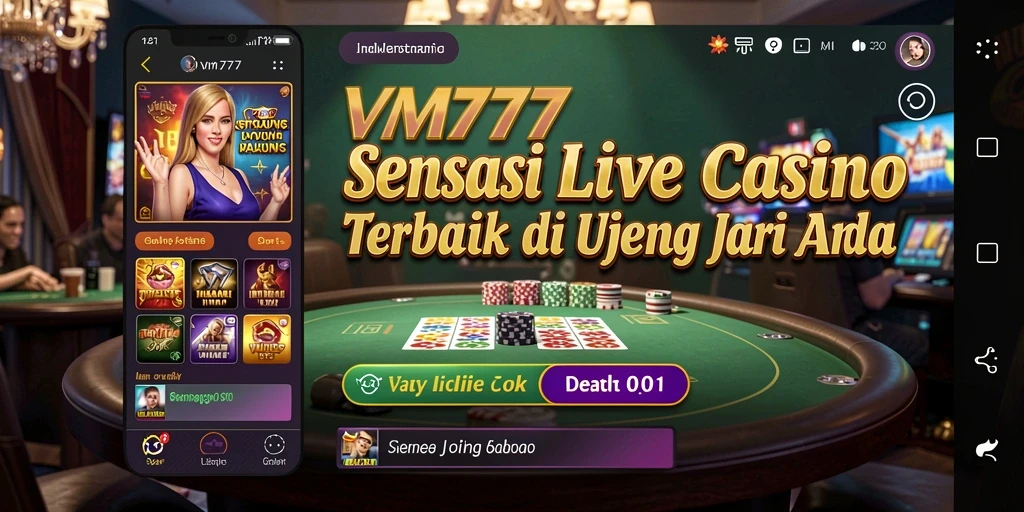 Screenshot VM777 menunjukkan dealer langsung dan permainan blackjack dalam suasana kasino.