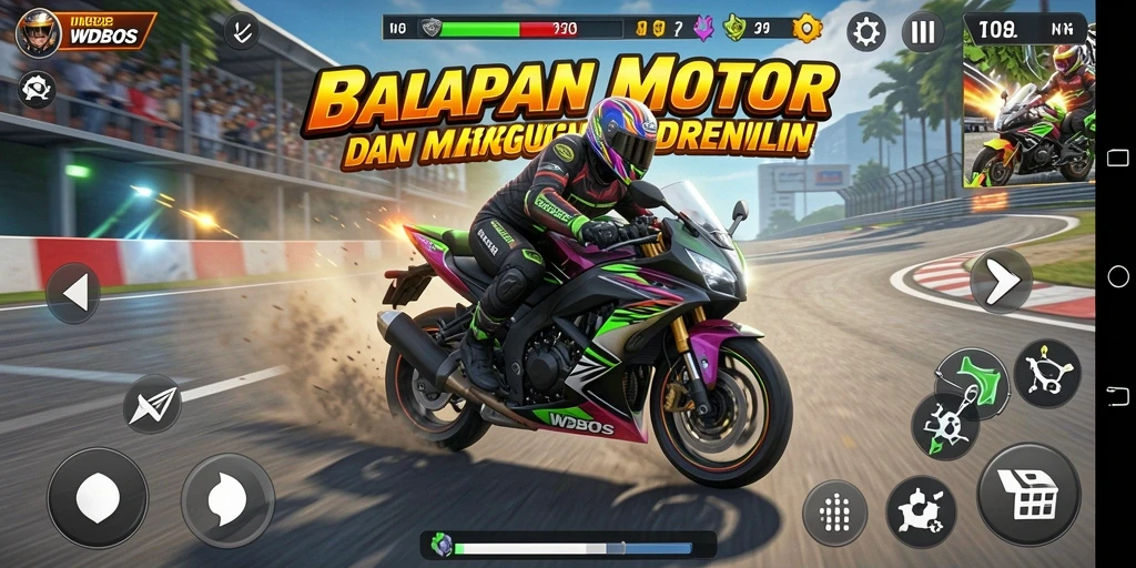 Tampilan gameplay mendebarkan dari balapan motor di WDBOS.