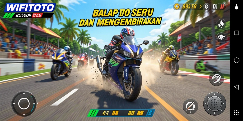 Screenshot gameplay WIFITOTO menunjukkan balapan motor yang intens dan mendebarkan.